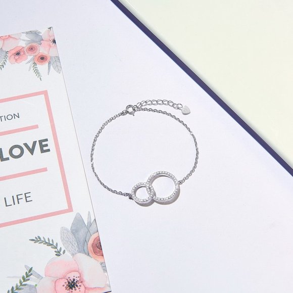 Pretty Double circle Pave 925 Sterling Silver Adjustable Bracelet Chain W/ Charm - Picture 3 of 5